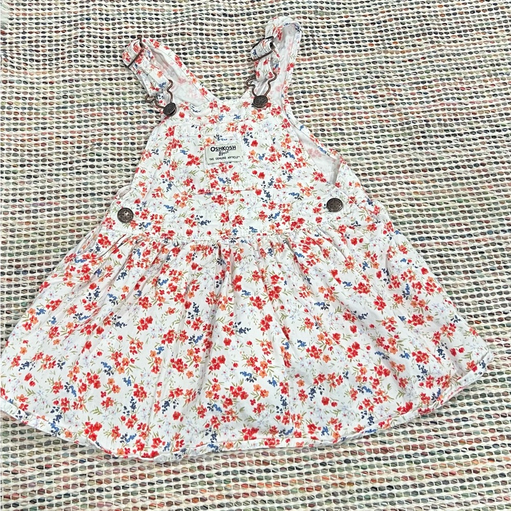 Oshkosh B’gosh White Red Blue Ditsy Floral Bib Overall Jean Jumper Dress 2T Girl